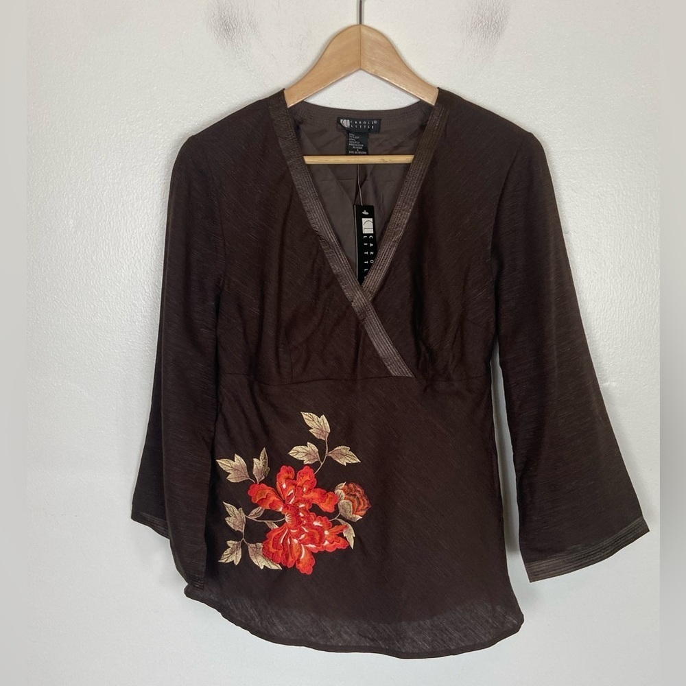 Carole Little Silk Women's 3/4 Sleeves Top Size Small Brown Floral Chiffon Lined